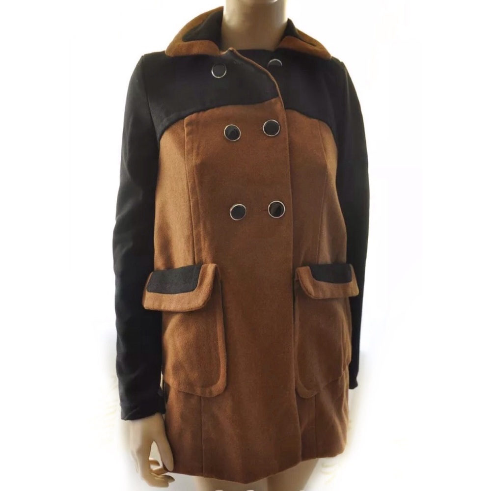 LOLA COAT BROWN BLACK WOOL BLEND BIG BUTTON FRONT